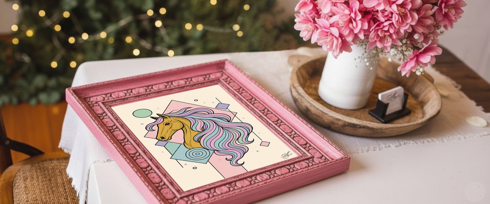 Golden Horse With Pastel Waves Modern Geometric Fantasy Art Painting