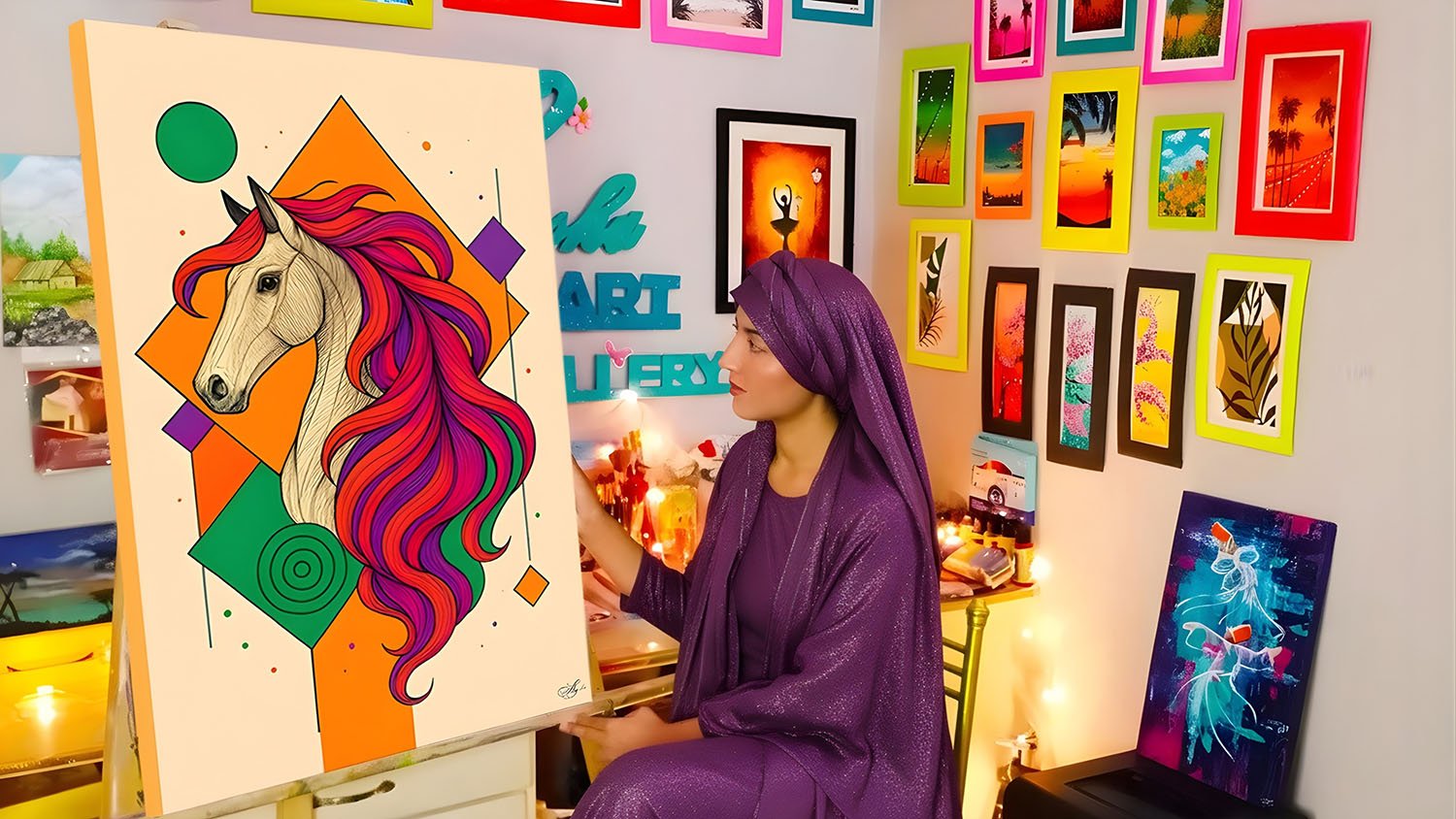 Pop Art Horse Abstract Line Art Painting by Ayesha Art Gallery